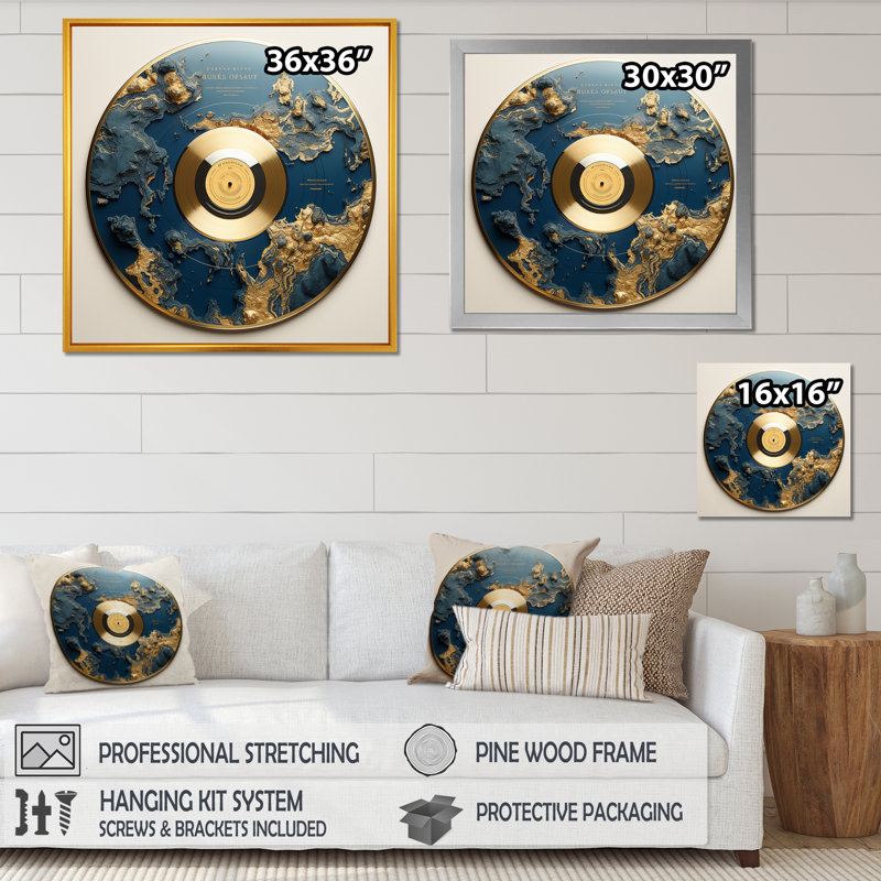 Disque vinyle doré et vert Melody III - Disques vinyle, art mural, H 36 po x l 36 po x P 1,5 po, Cadre flottant noir