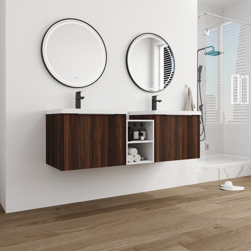 Double Bathroom Vanity With Resin Vanity Top, Brown, 60"