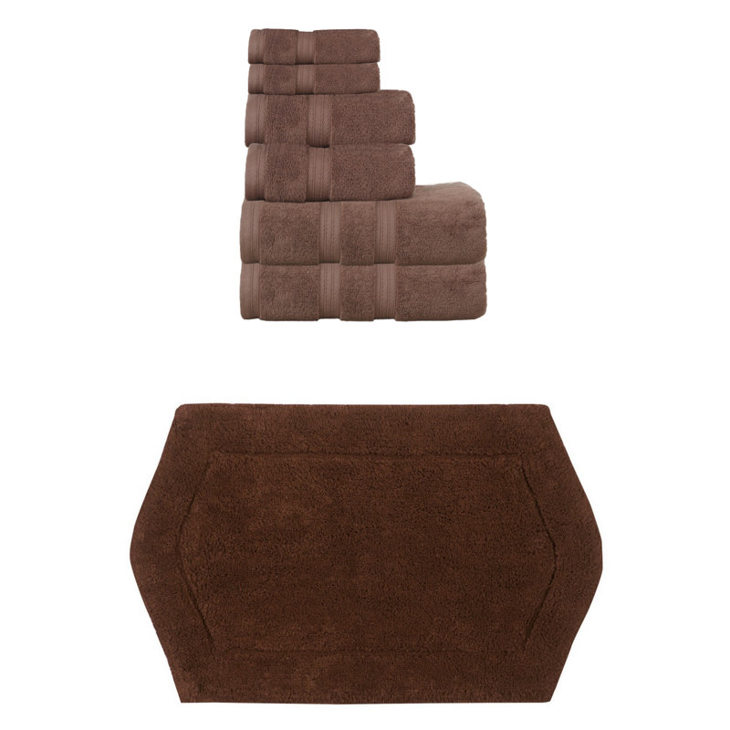 Bryd Collection 100% Soft Cotton Towel Set & 1 Pc Bath Rug, Chocolate, 6 Piece Towel Set & 1 Piece 21"x34" Bath Rug