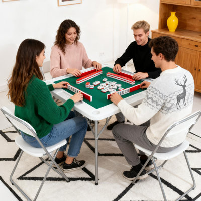 35.4" Square Folding Mahjong & Domino Table with Wear-Resistant Green Top, 4-Player Portable Card Table for Poker & Games
