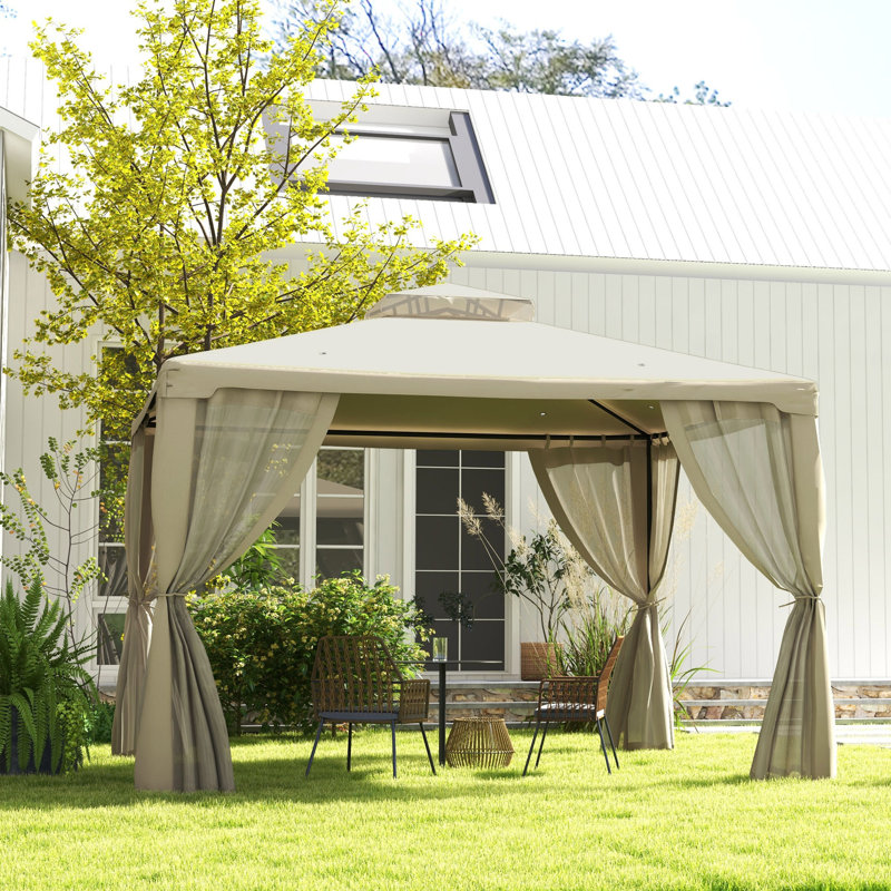 Patio Gazebo, Outdoor Canopy Shelter With 2-Tier Roof And Netting, Steel Frame For Garden, Lawn, Backyard, And Deck