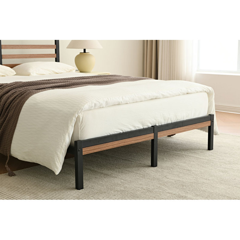 Orv Metal Platform Bed with Middle Wooden Slat Headboard, Full / Double