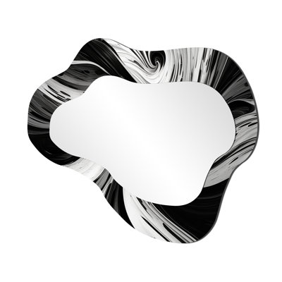 Venera Black White Whirling Joy - Spiral Asymmetrical Large Wall Mirror, Modern Cloud Unique Mirror, Printed Metal Art