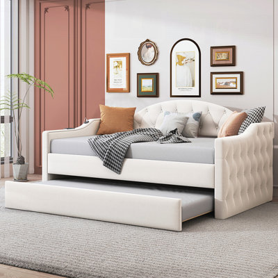 Twin Size Tufted Upholstered Daybed With Trundle