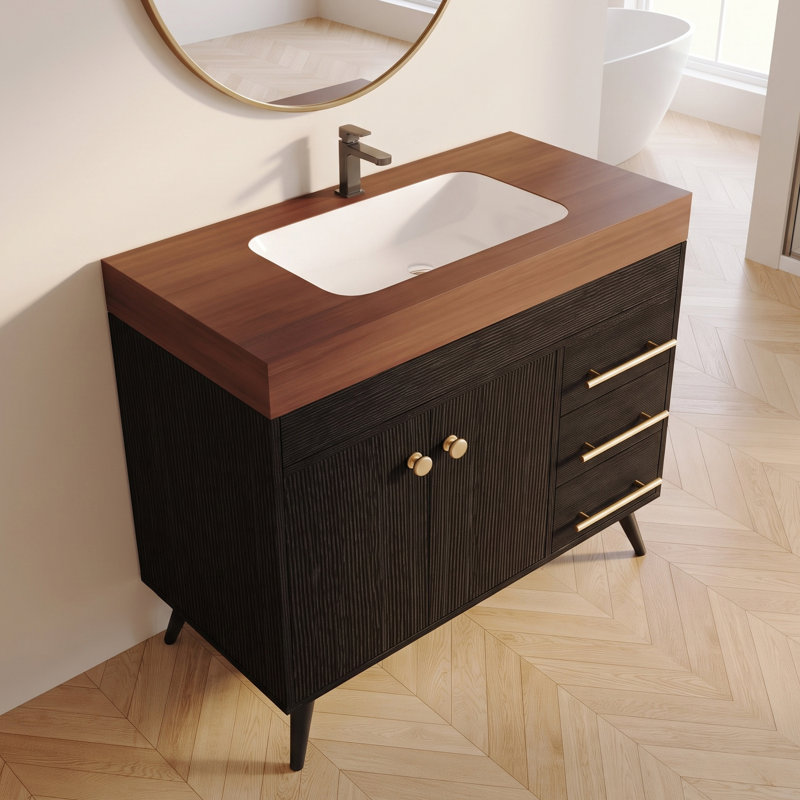 Meuble-lavabo simple autoportant noir de 91 cm (36 po) avec lavabo en céramique, dessus en pierre frittée brun chaud et 3 tiroirs