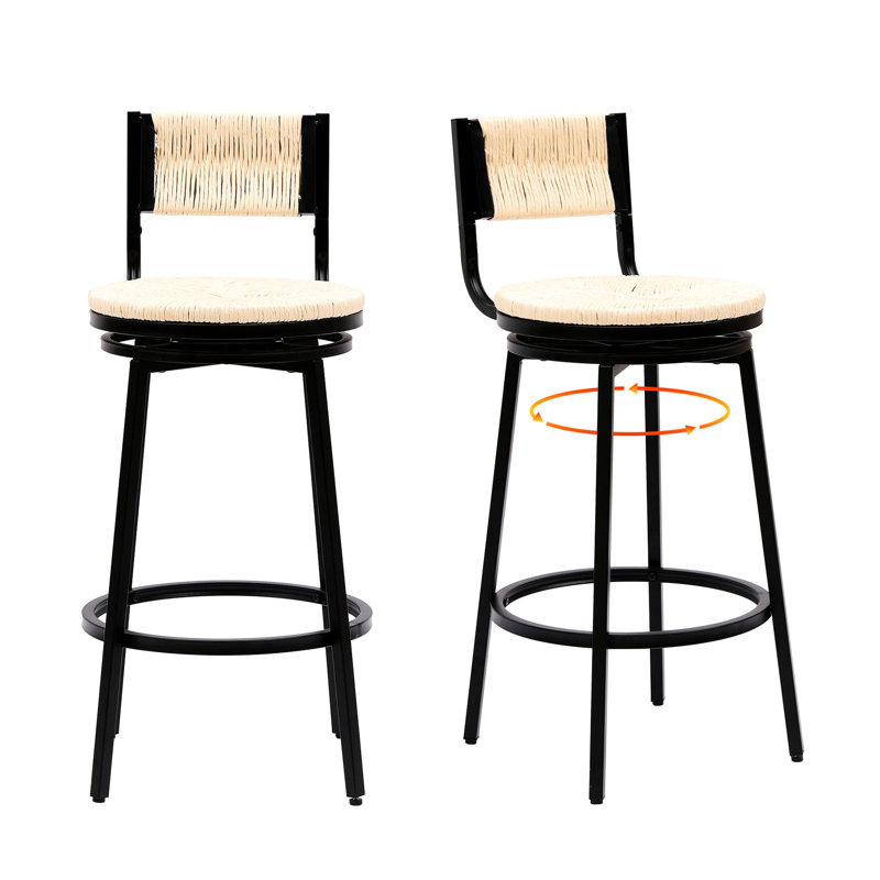 Ensemble de 2 chaises rustiques tissées à la main Rustic, siège pivotant à 360 °, structure en métal noir, siège en corde de papier pour îlot de cuisine