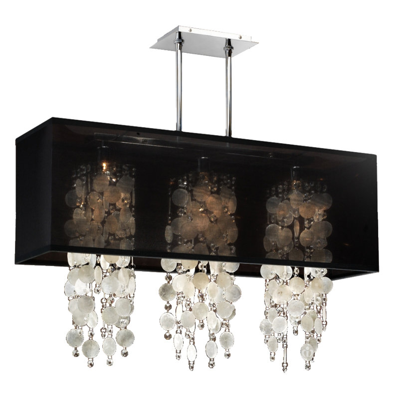 Luminaire suspendu carré/rectangulaire 3 lumières pour îlot de cuisine avec accents de cristal Salerna, Noir