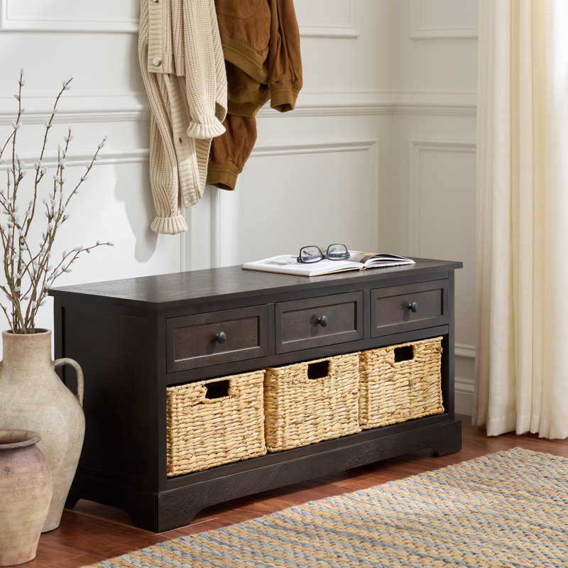 Banc de rangement en bois massif avec tiroirs Adayla, Chocolat noir