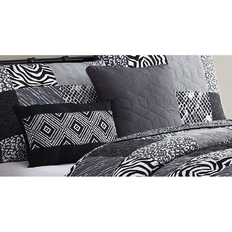 Ziva Polyester Quilt, King Quilt + 2 Sham + 2 Decorative Pillow, Black/Gray