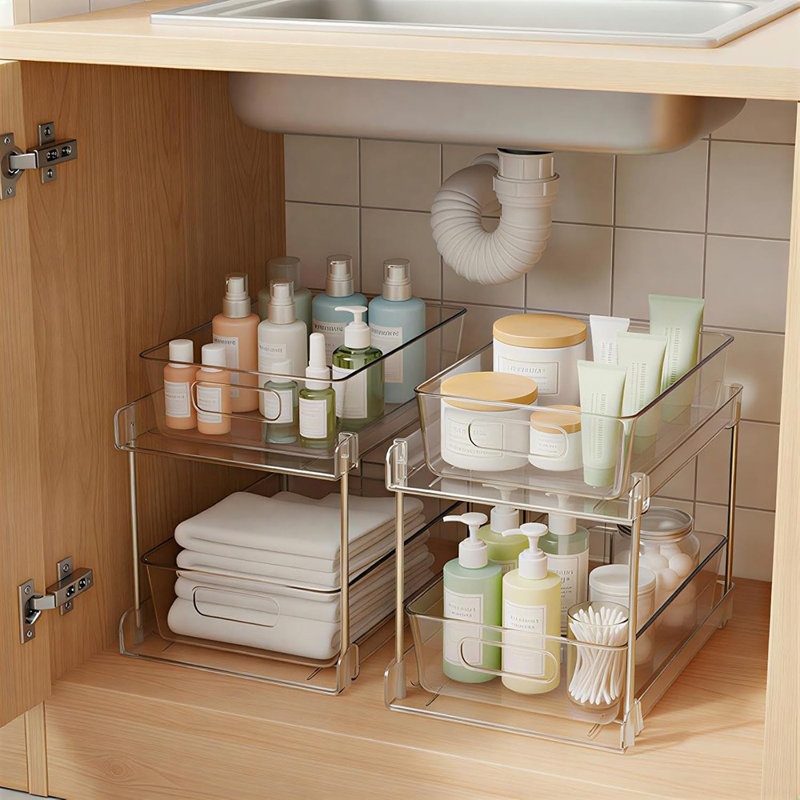 Ensemble de 2 organisateurs de salle de bain - Étagère d'armoire coulissante transparente à 2 niveaux pour meuble-lavabo, comptoir, cuisine et garde-manger