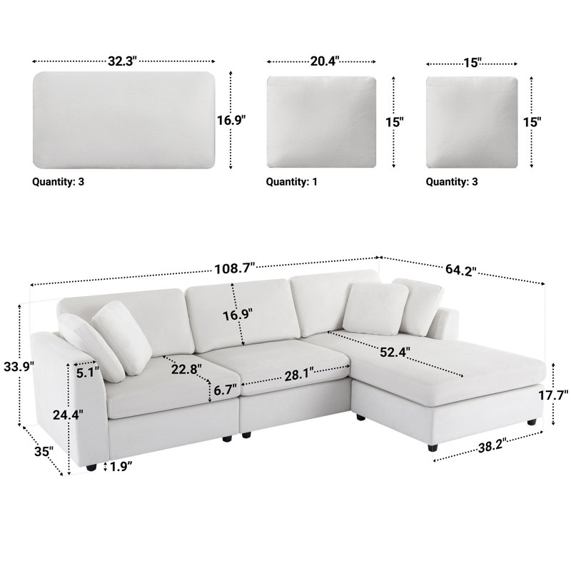 Wauseon 2 - Piece 108.7" Upholstered L Shape Sofa with Convertible Chaise, White Polyester Blend