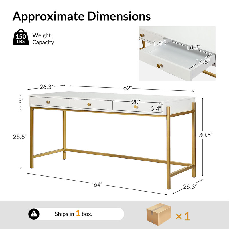 Louise Modern 64"W 3-Drawers Rectangular Writing Desk with Metal Legs, White