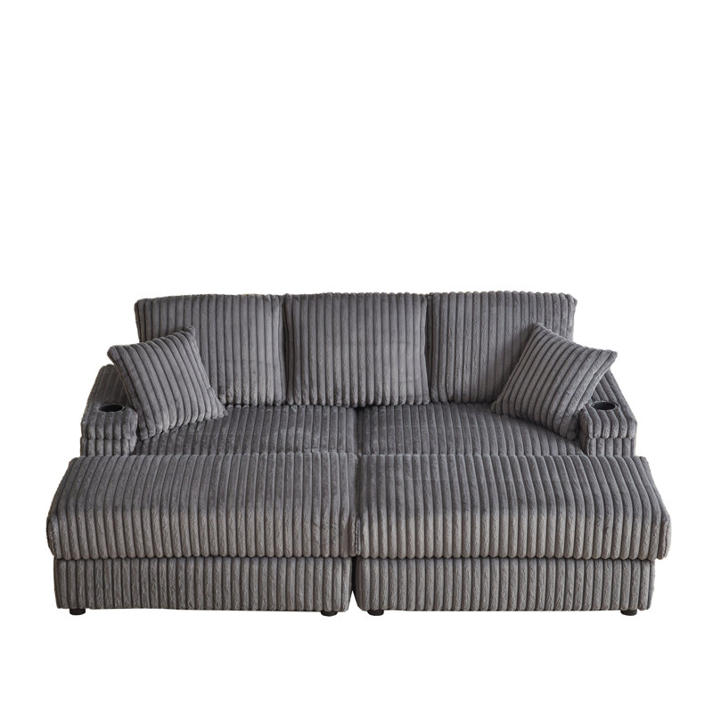 Hokku Designs 84" Oversized Upholstered 3-Seater Chaise Lounge Indoor With Cup Holder And Storage, Gray