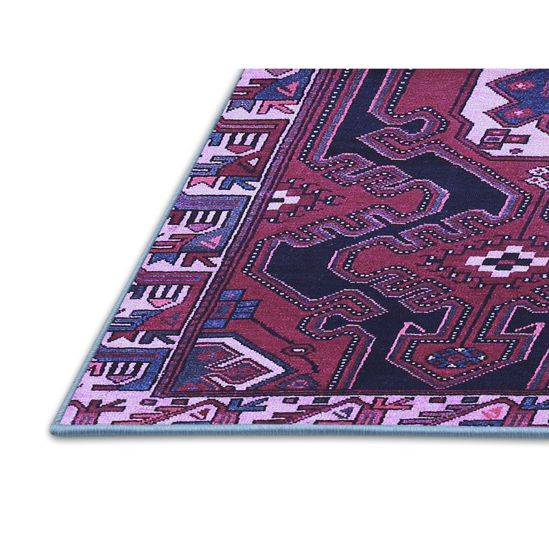 Tapis oriental bleu tissé à la machine 3 pi x 5 pi bleu / noir / mauve / blanc