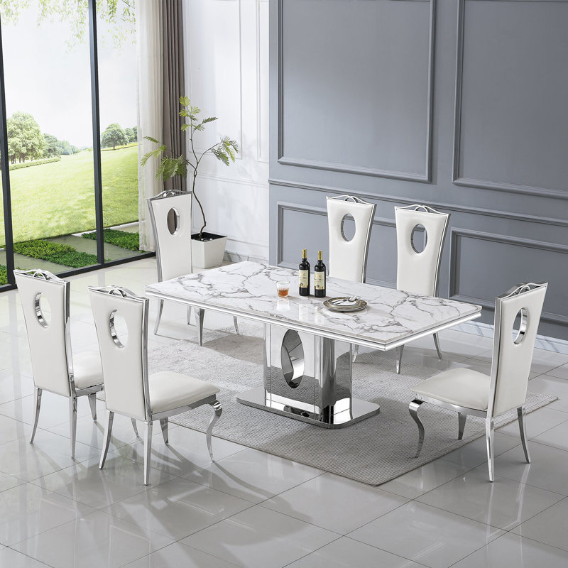 Table de salle à manger Burdell Dt318, Argent argent, Blanc / Blanc