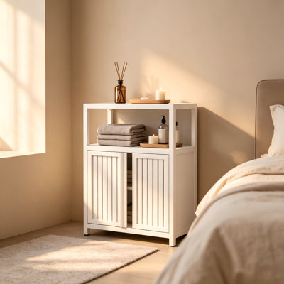 White Bamboo Large Capacity Storage Cabinet, Freestanding Floor Organizer with Shelves – Bathroom & Living Room Furniture