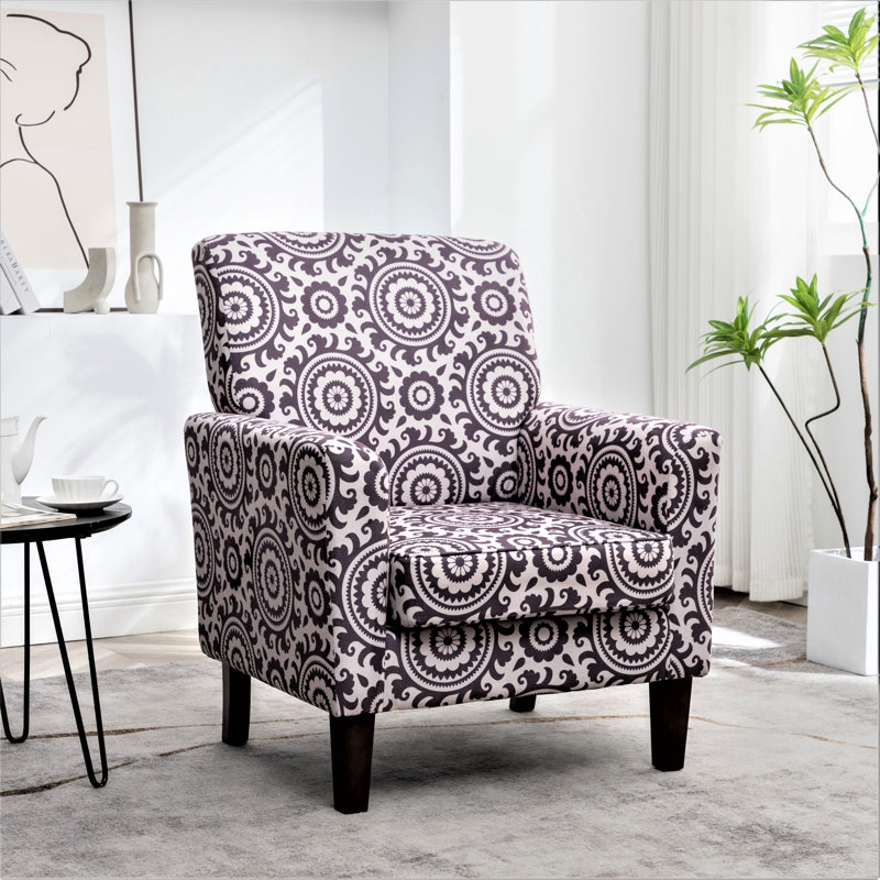 Fauteuil à motifs en mélange de polyester, structure en bois de bouleau massif avec pieds fuselés bruns