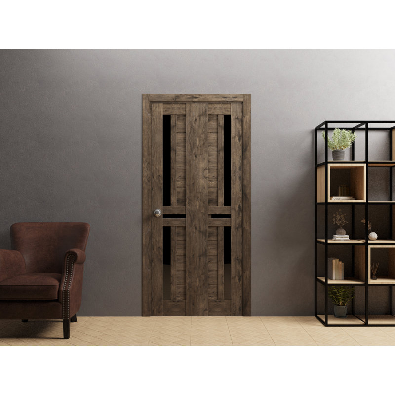 Portes coulissantes pliantes pour garde-robe | Chêne cognac Veregio 7588 avec verre noir | Ensemble de quincaillerie de moulures robustes à moulures | Portes de garde-robe de chambre en bois massif