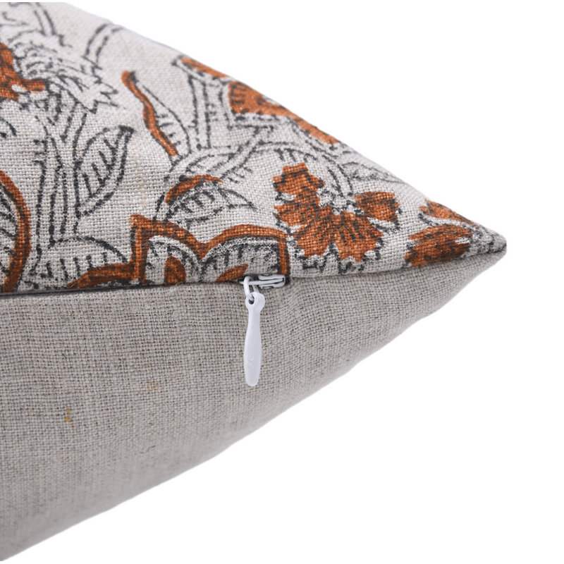 Housse de coussin en lin pur imprimé à la main Fabividine Kumkum - taille de coussin décoratif orange - 20 x 20 pouces, Carré