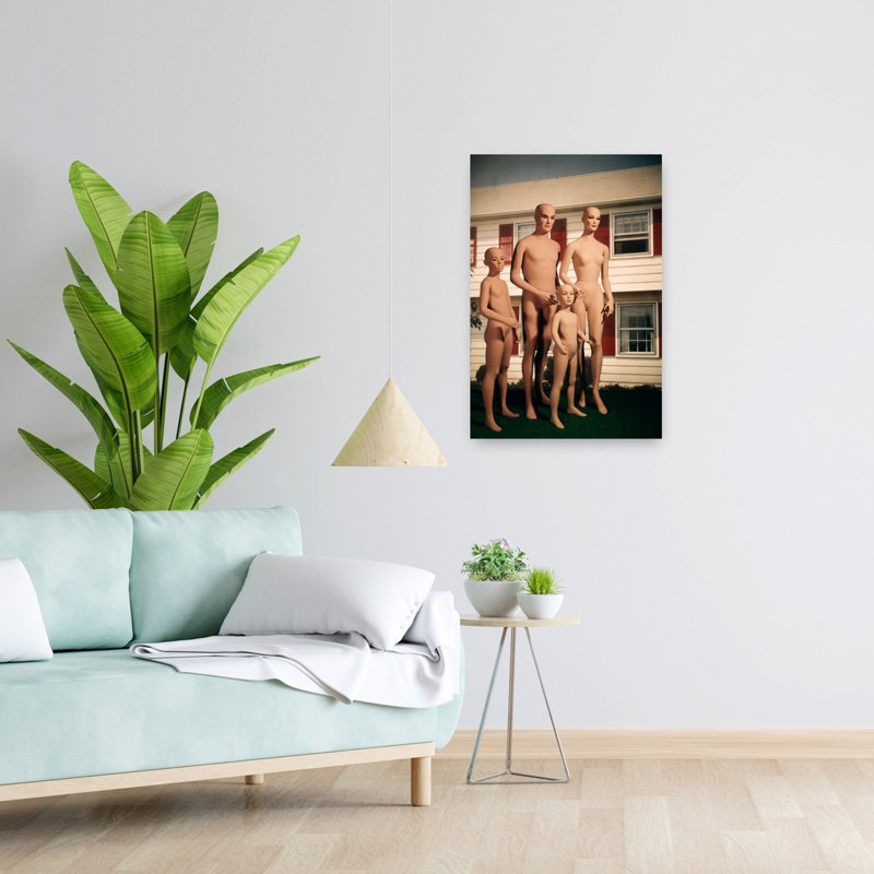 MANNEQUIN FAMILY MOTHER FATHER TWO CHILDREN IN FRONT OF SUBURBAN HOUSE OUTDOOR 1 Piece Wrapped Canvas Wall Art