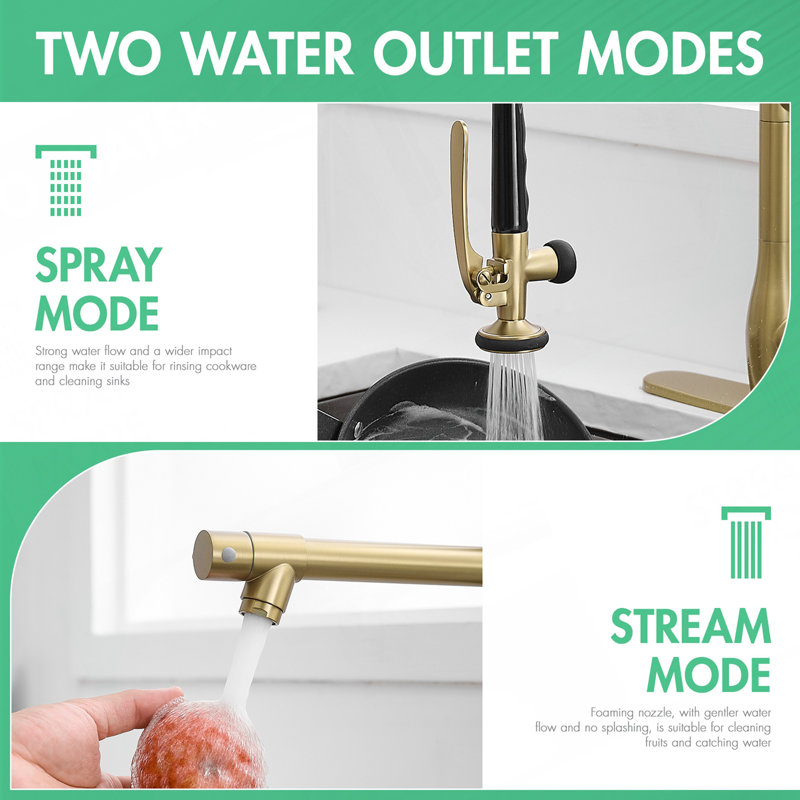 Commercial Brushed Gold Kitchen Faucet With Pull Down Sprayer,Faucet With Deck Plate,Single Handle Single Lever Kitchen Sink Faucet