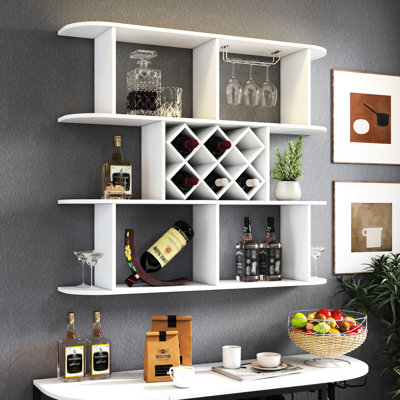 Casier à vin mural rustique multifonctionnel à 3 niveaux avec porte-verres, pour la décoration du bar et de la salle à manger, panneau de particules blanc de 15 mm, convient aux bars, salles à manger et salons.