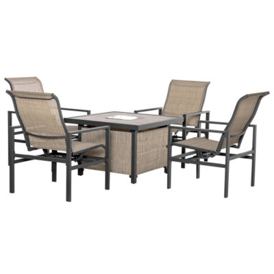 5-Piece Outdoor Conversation Set, Beige Steel Dining Table With Ice Bucket + Rocking Chairs For Lawn, Garden