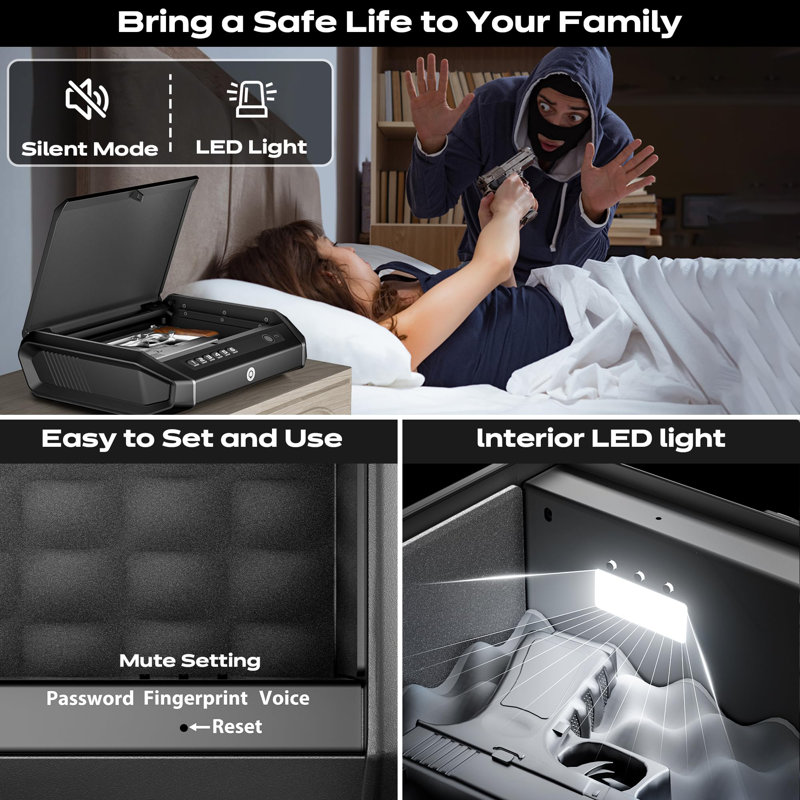 BEACHWATER POOL & SPA, LLC Gun Safe With LCD Display, ≤0.1S Quick Access Handgun Safe For 2-4 Pistols, Hand Gun Lock Box With Fingerprint | Keypad | And Keys For Home Drawer Bedside Nightstand