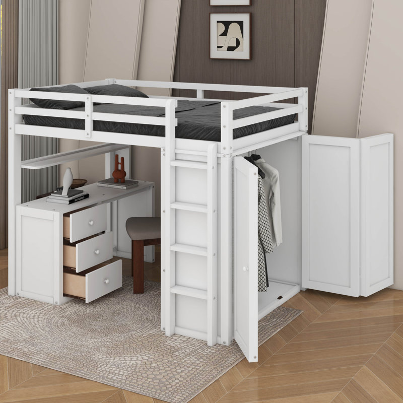 Full Loft Bed With Drawers,Desk And Wardrobe, White