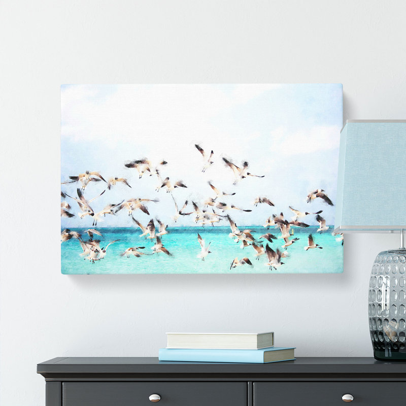 Flock Of Seagulls Over The Sea Painting - Wrapped Canvas, 60cm H x 91cm W x 3cm D