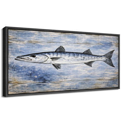 Long Barracuda Fish on Weathered Wood Coastal Nautical Wall Decor Extra Large Pictures Framed Canvas Print Wall Art