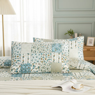 King Size Pillowcases Set of 2, 100% Cotton Pillow Cases, Green Floral Patchwork Pillow Cover, Comfort Breathable Envelope Closure Pillow Case Set (King, 20"x36")