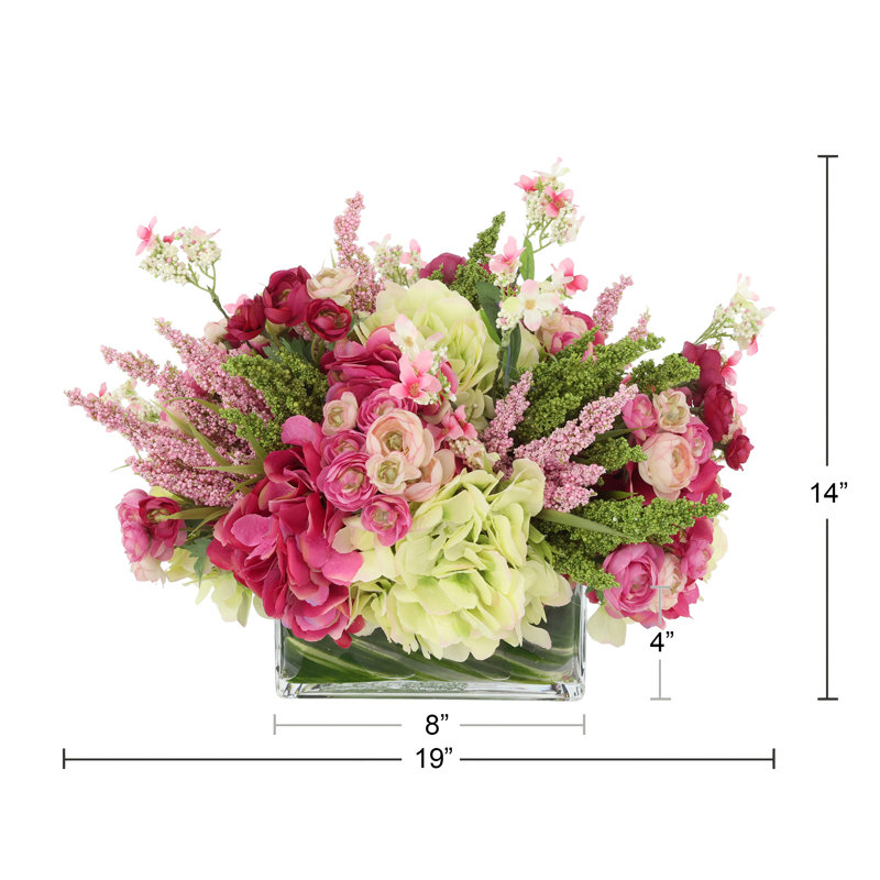 Hydrangea, Heather and Ranunculus Arranged in Rectangular Vase