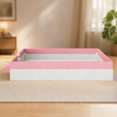 Upholstered Floor Bed with Fence, 2-Tier Steps and Smart LED Lights