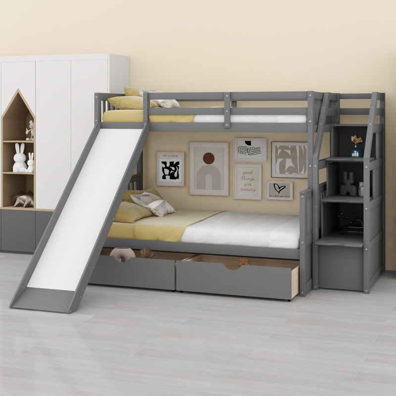 Lit superposé simple en bois massif avec tiroir 2 tiroirs Blethyn par Harriet Bee, gris
