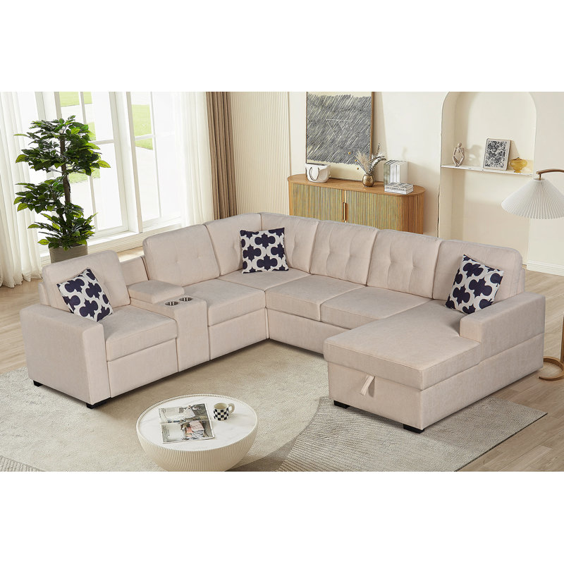 Canapé modulaire multifonctionnel en forme de L avec porte-gobelets intégrés, compartiments de rangement cachés et sièges convertibles