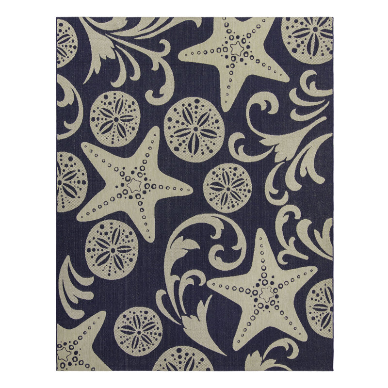 Paseo Ludwick Navy Blue/Beige Nautical Sea Life Indoor/Outdoor Flatweave Area Rug, Rectangle 7'10" x 10'