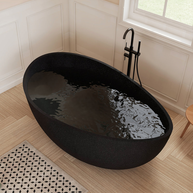 Fslefay 65'' Terrazzo Freestanding Solid Surface Concrete Soaking Bathtub, Black