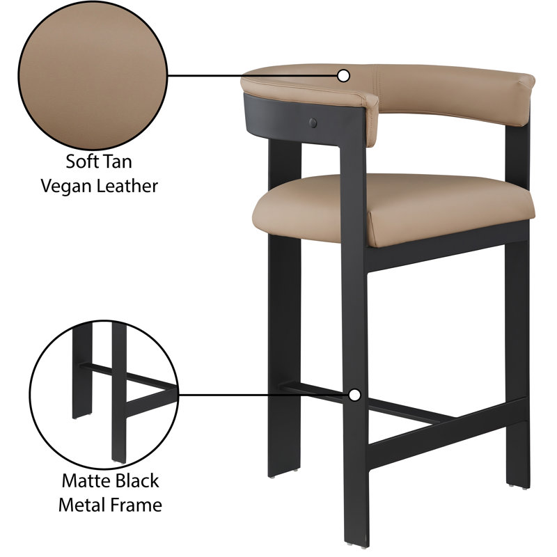 Romeo Hermi Vegan Leather Counter Stool, Tan Vegan Leather, Matte Black Powder Coating