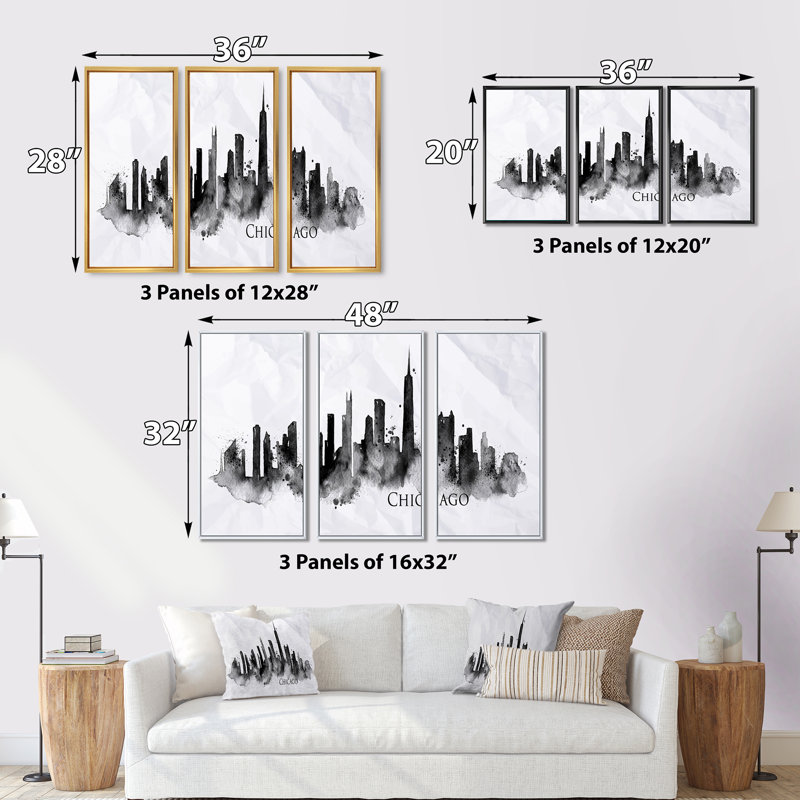 «Chicago Black Silhouette - Cityscape», ensemble d'art mural sur toile, H 28 po x l 36 po, Blanc