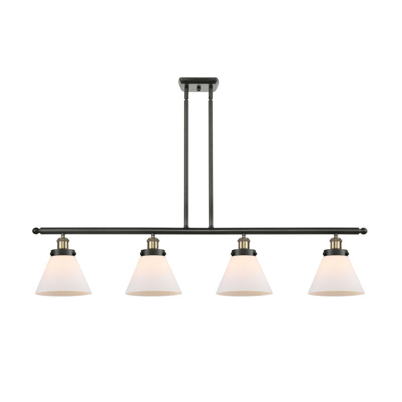 Luminaire pour îlot 4 lumières Cone, Blanc mat, DEL, Laiton antique noir