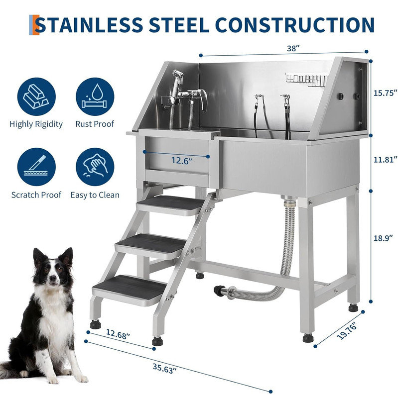 Station de lavage pour chien professionnel, baignoire de toilettage pour animaux de compagnie en acier inoxydable de 38 po avec porte coulissante, marches antidérapantes, robinet, pomme de douche et baignoire porte-savon, pour chiens de taille moyenne et petite, supporte 220 lb