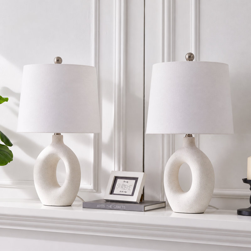 Lampe de table 24 po en céramique moderne avec base en anneau sculpturale et accents en nickel poli