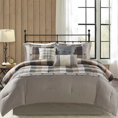 Édredon très grand à chevrons, 7 pièces, teinte neutre, tissu écossais Buffalo, rembourré, avec édredon, taies décoratives, coussins décoratifs et jupe de lit, lavable à la machine à la machine, pièce simple, abat-jour, look, produit