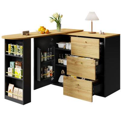 Modern Retractable Bar Table with 360°Rotation & Storage, Mobile Sideboard