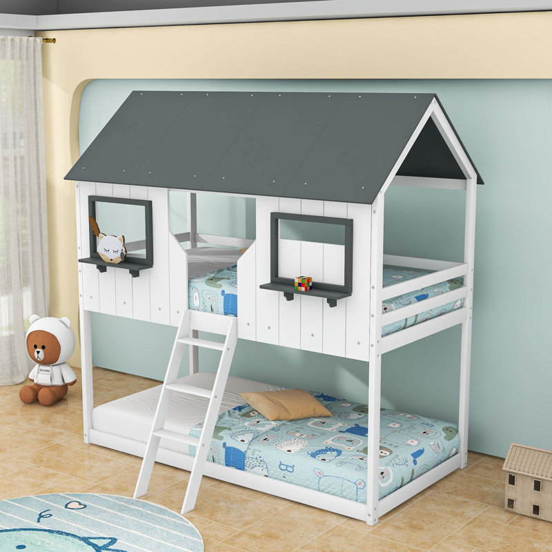 Kids Twin Over Twin Bunk Bed with Roof and Ladder, White