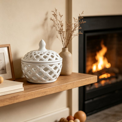 Pot à couvercle en céramique blanc de 8 po avec treillis et motif floral, contenant décoratif en pot-pourri