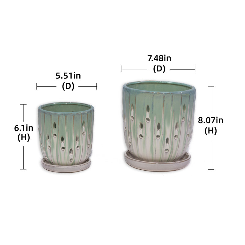 Set of 2 Ceramic Flowerpots with Drainage Holes, 8 Inch Modern Planters for Patio, Garden, and Windowsill, White/Green