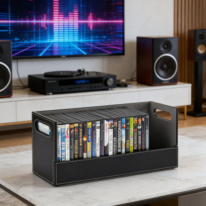Multi-Media Storage Box For Dvds, Blu-Rays, Games & Cds - Holds 28, Leather-Like, Black
