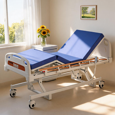 Lit médical 3 fonctions entièrement électrique pour usage à la maison, avec télécommande, potence à perfusion incluse, matelas en mousse de 10 cm et roulettes verrouillables, supporte jusqu'à 180 kg, et est équipé de barrières latérales complètes. Convient aux hôpitaux, cliniques et maisons de retraite.